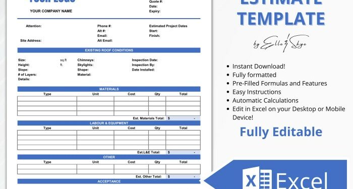 Excel Roofing Estimate Template | Roofer Quote Template | Simple ...